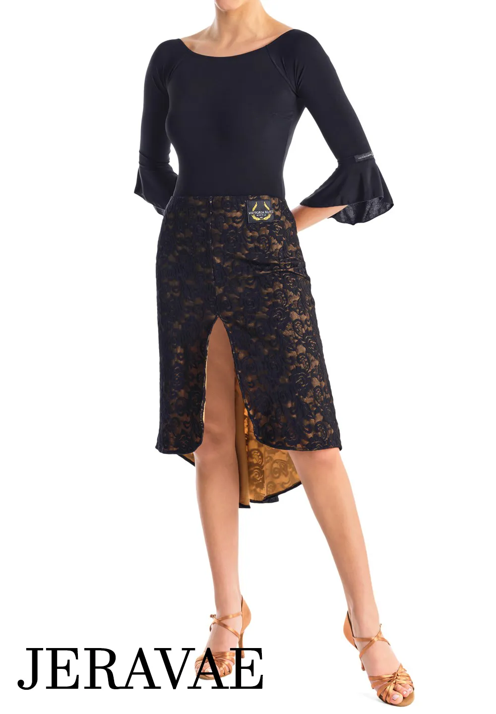 Victoria Blitz CANICATTI Black Latin Practice Skirt with High Front Slit, Asymmetric Cut in Back, and Floral Lace Overlay with Full Nude Lining PRA 719 in Stock