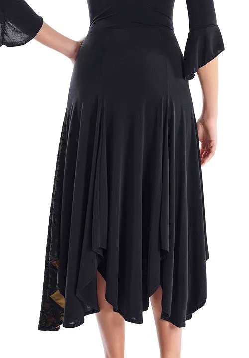 Victoria Blitz Pachino Black Ballroom Practice Skirt with a Floral Lace Panel on the Side with Nude Lining and Asymmetrical Hemline PRA 737 in Stock