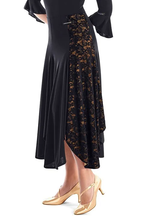 Victoria Blitz Pachino Black Ballroom Practice Skirt with a Floral Lace Panel on the Side with Nude Lining and Asymmetrical Hemline PRA 737 in Stock