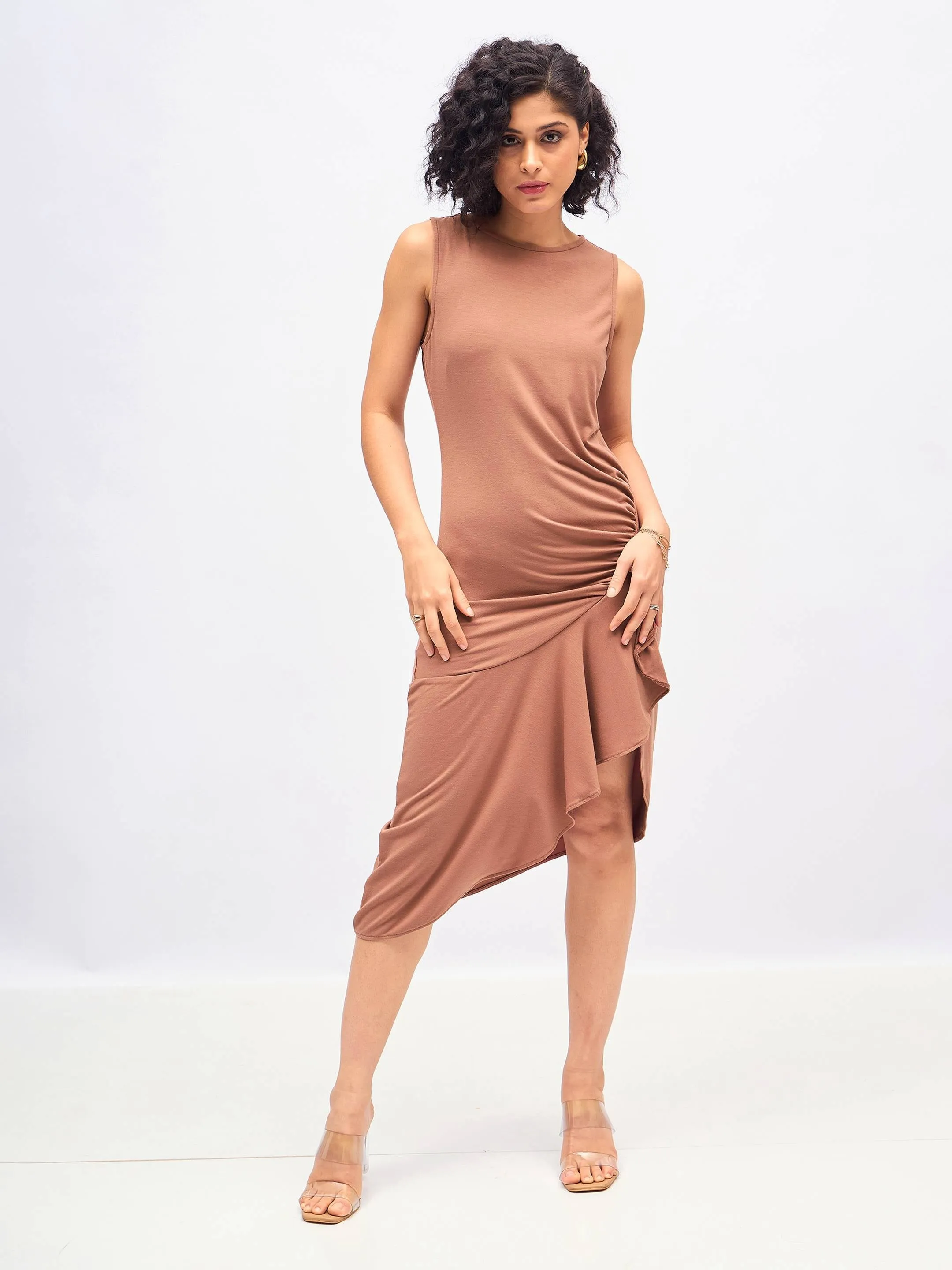 Women Brown Box Back Cascade Ruffle Midi Dress