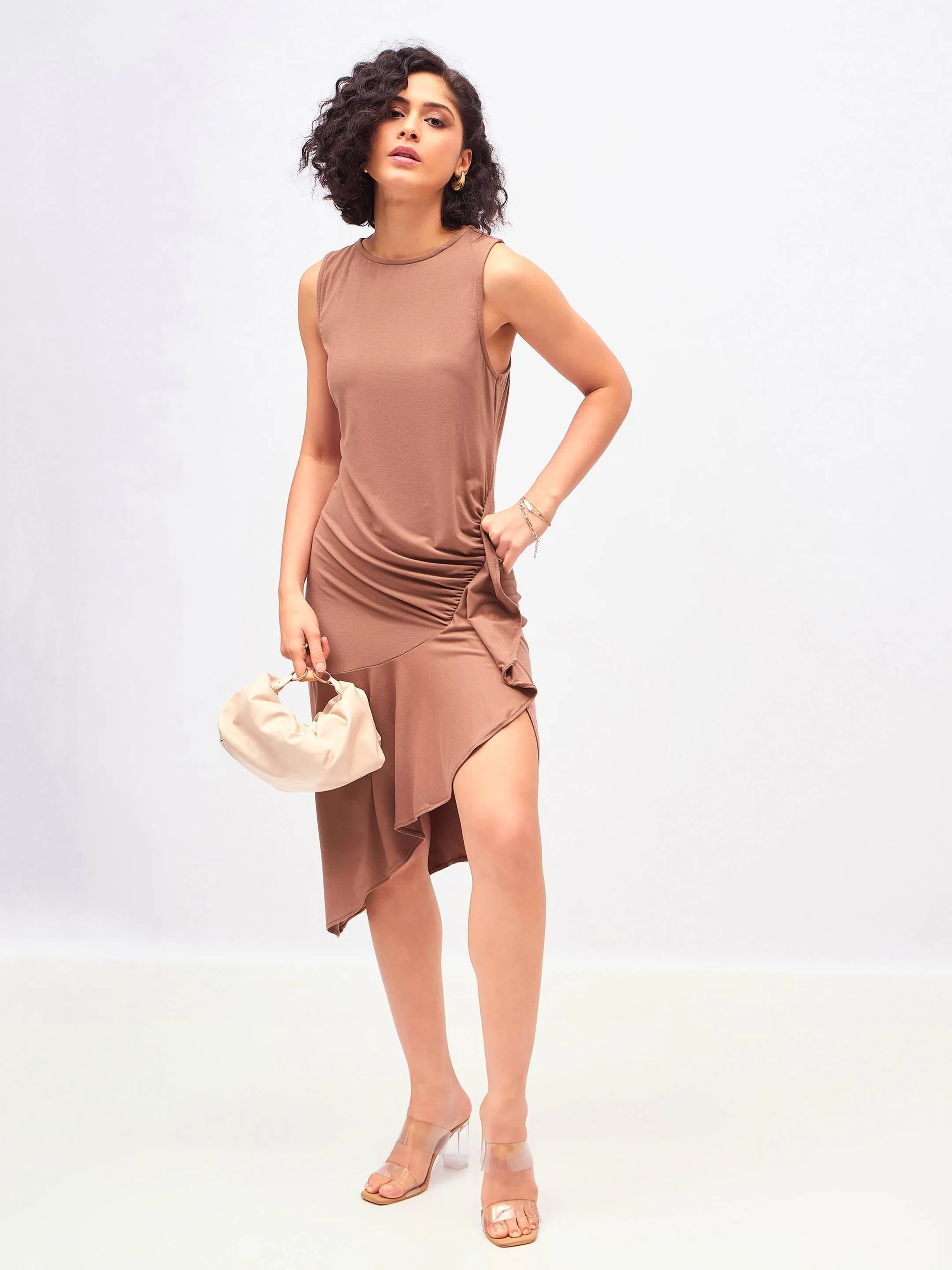 Women Brown Box Back Cascade Ruffle Midi Dress