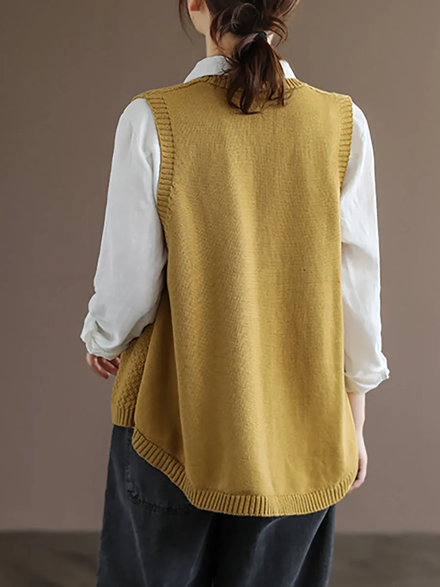 Women Button Knitted Split Sleeveless Vest Waistcoat Sweater