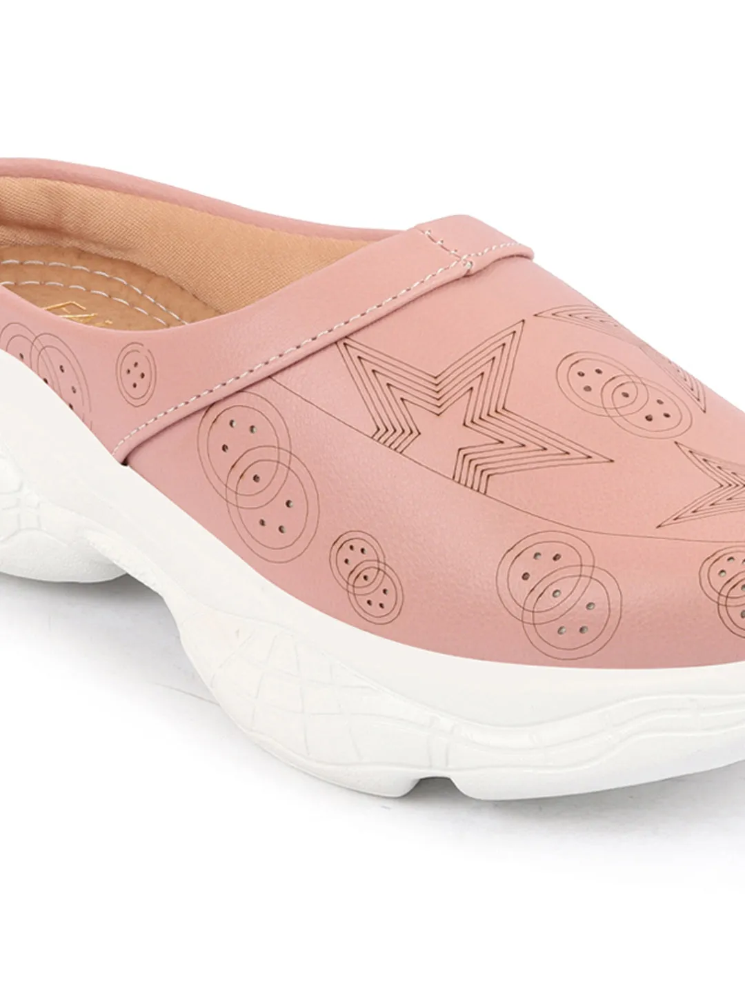 Women Peach Laser Cut Star Design Back Open Slip-On Mules Shoes