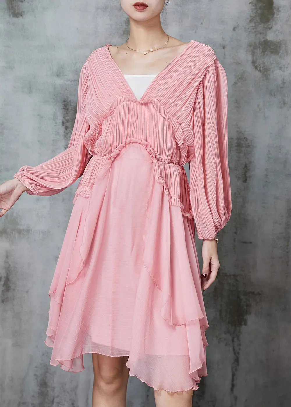 Women Pink Ruffled Wrinkled Chiffon Mid Dress Spring JK1063