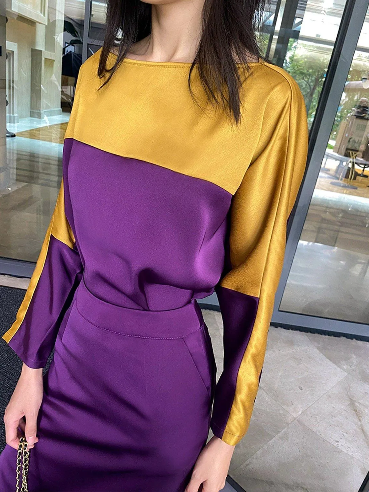 Women Satin Shirt Skirt Sets,2 piece Sets,Loose bat-sleeve shirt split skirt Suit,Midi Skirt,Contrast Top,Fall Suit Sets,Long Sleeve Blouses