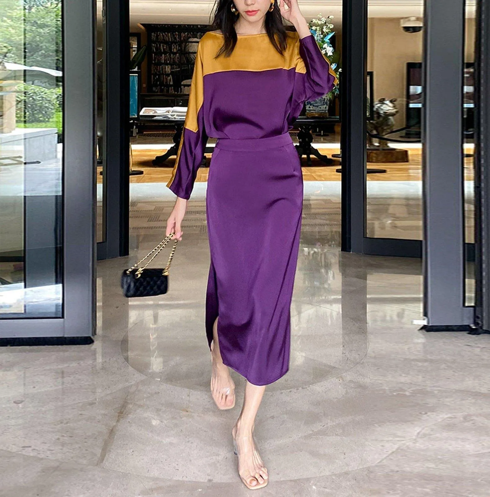 Women Satin Shirt Skirt Sets,2 piece Sets,Loose bat-sleeve shirt split skirt Suit,Midi Skirt,Contrast Top,Fall Suit Sets,Long Sleeve Blouses