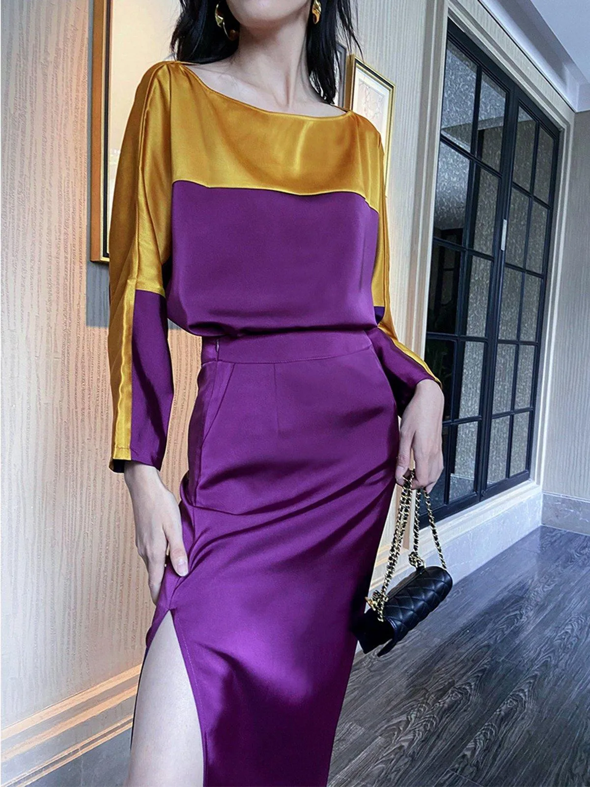 Women Satin Shirt Skirt Sets,2 piece Sets,Loose bat-sleeve shirt split skirt Suit,Midi Skirt,Contrast Top,Fall Suit Sets,Long Sleeve Blouses