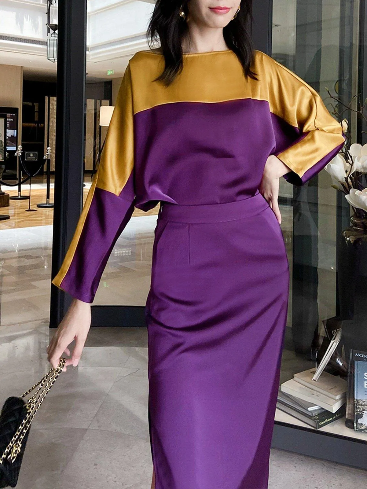 Women Satin Shirt Skirt Sets,2 piece Sets,Loose bat-sleeve shirt split skirt Suit,Midi Skirt,Contrast Top,Fall Suit Sets,Long Sleeve Blouses