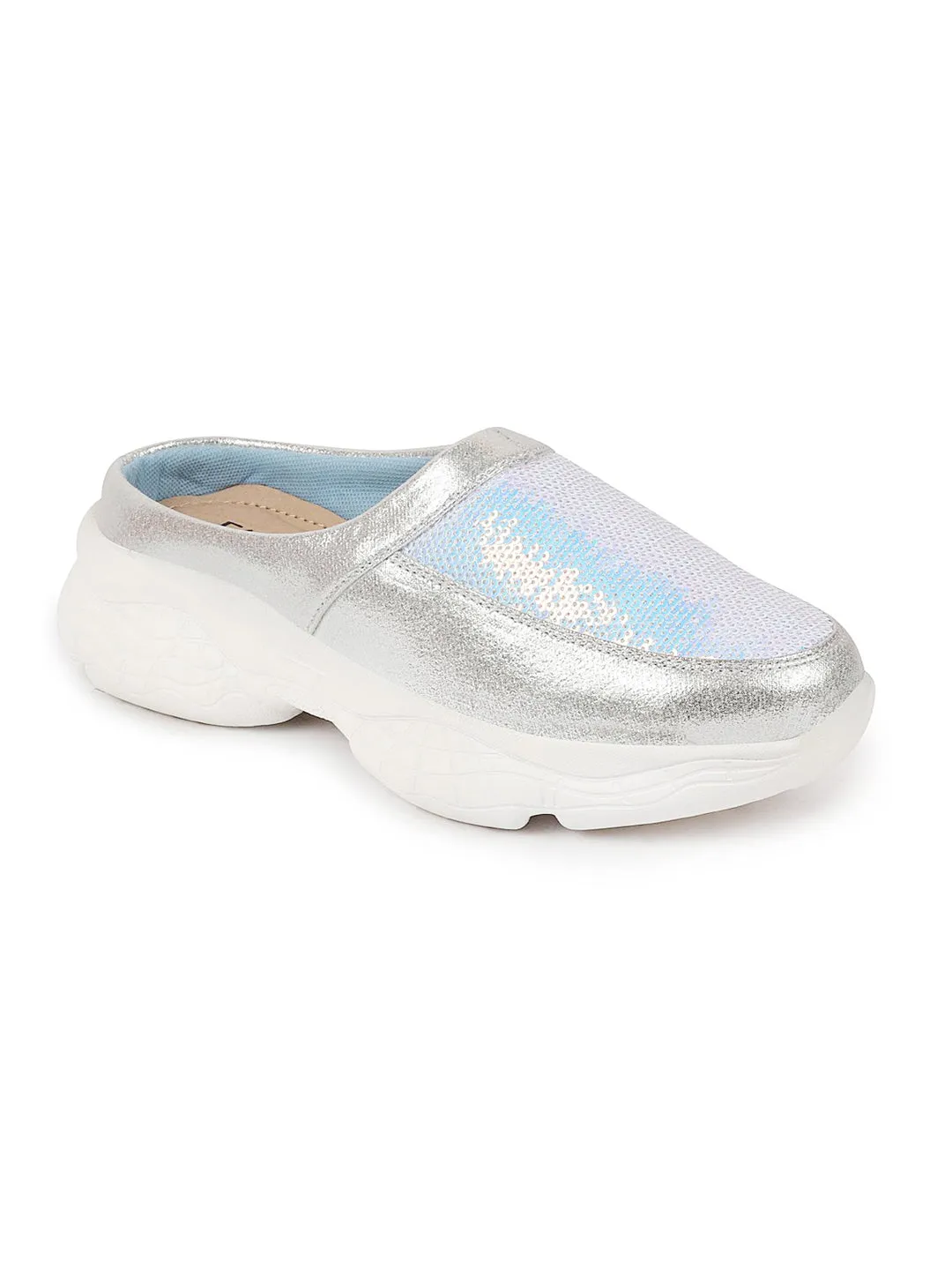 Women Silver Back Open Embellished Slip On Mules