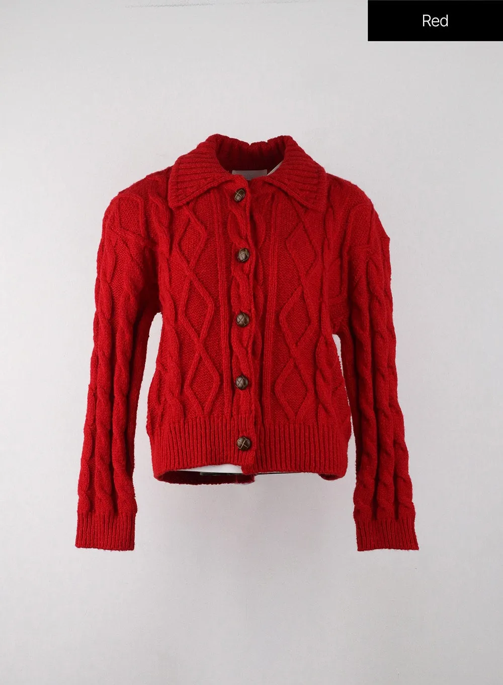 Wool-Blend Cable Knit Collar Solid Button Cardigan IJ402